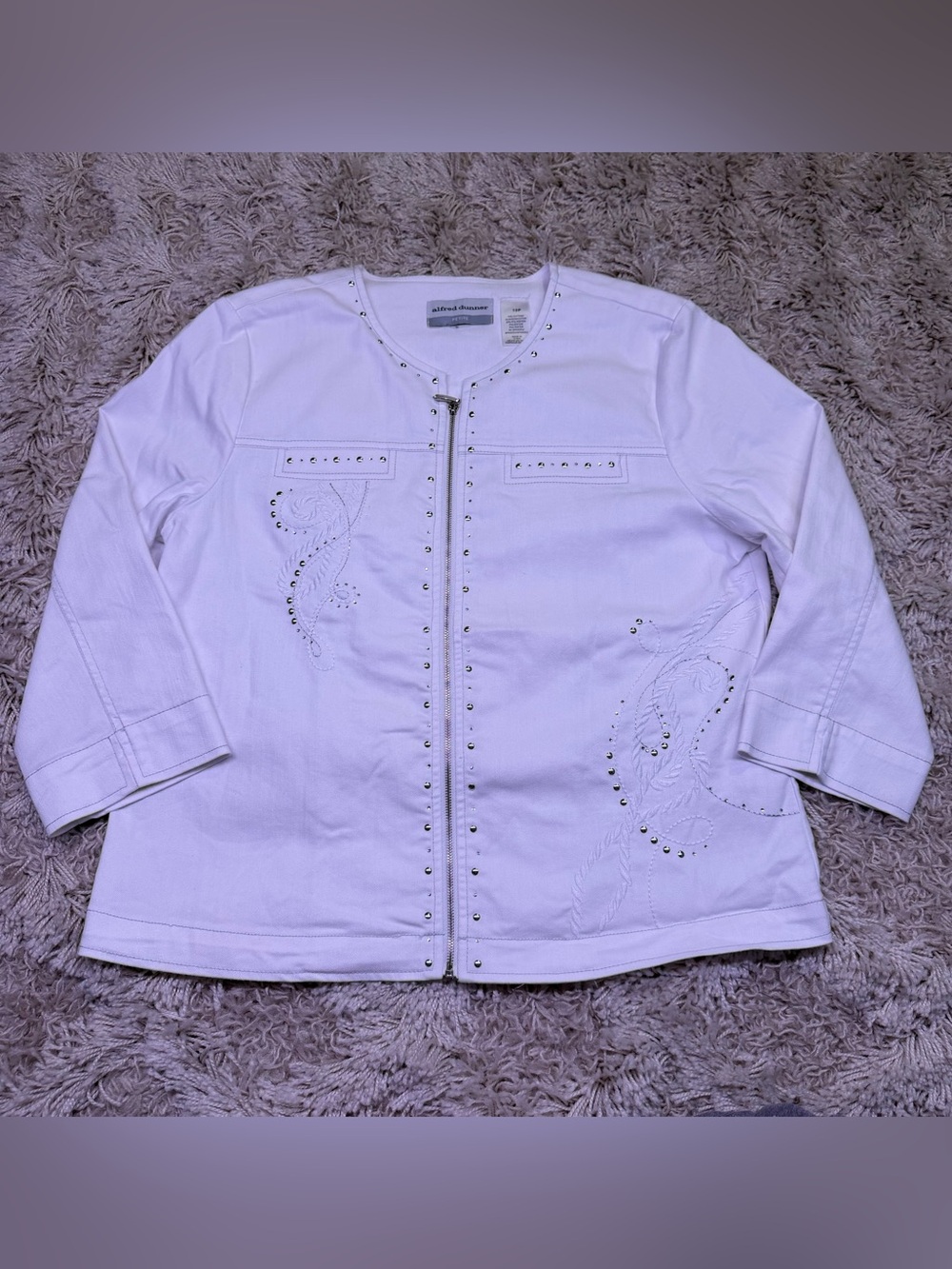 Alfred Dunner Petite 10P White Embroidered Studded Zip Front Jacket